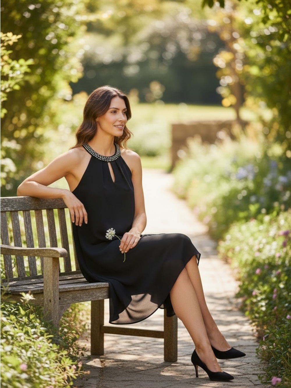 Jodifl Black Embellished Halter Swing Dress Rhinestone Neckline